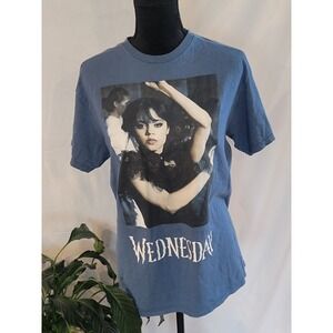Wednesday Addams Jenna Ortega Graphic T-Shirt Blue Netflix Series Mens Medium